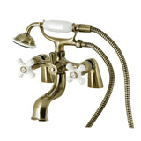 Kingston Three-Handle 2-Hole Deck Mount Clawfoot Tub Faucet with Hand Shower