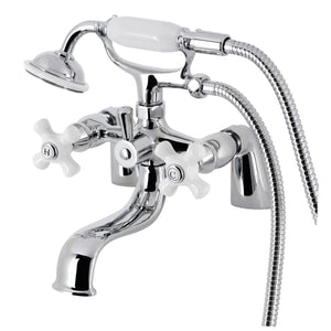 Kingston Three-Handle 2-Hole Deck Mount Clawfoot Tub Faucet with Hand Shower