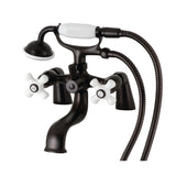 Kingston Three-Handle 2-Hole Deck Mount Clawfoot Tub Faucet with Hand Shower