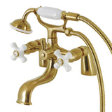 Kingston Three-Handle 2-Hole Deck Mount Clawfoot Tub Faucet with Hand Shower