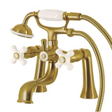 Kingston Three-Handle 2-Hole Deck Mount Clawfoot Tub Faucet with Hand Shower