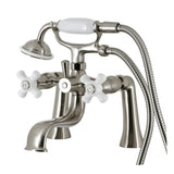 Kingston Three-Handle 2-Hole Deck Mount Clawfoot Tub Faucet with Hand Shower