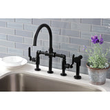 Whitaker Two-Handle 4-Hole Deck Mount Industrial Style Bridge Kitchen Faucet with Brass Side Sprayer