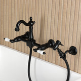 Heritage Double-Handle 3-Hole Wall-Mount Bridge Kitchen Faucet with Brass Sprayer