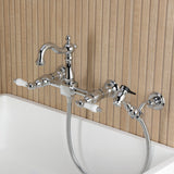 Heritage Double-Handle 3-Hole Wall-Mount Bridge Kitchen Faucet with Brass Sprayer