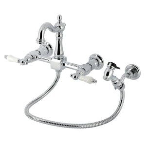 Heritage Double-Handle 3-Hole Wall-Mount Bridge Kitchen Faucet with Brass Sprayer