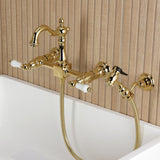 Heritage Double-Handle 3-Hole Wall-Mount Bridge Kitchen Faucet with Brass Sprayer