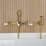 Heritage Double-Handle 3-Hole Wall-Mount Bridge Kitchen Faucet with Brass Sprayer