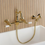 Heritage Double-Handle 3-Hole Wall-Mount Bridge Kitchen Faucet with Brass Sprayer