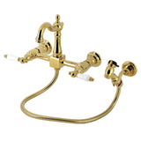 Heritage Double-Handle 3-Hole Wall-Mount Bridge Kitchen Faucet with Brass Sprayer