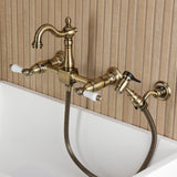 Heritage Double-Handle 3-Hole Wall-Mount Bridge Kitchen Faucet with Brass Sprayer