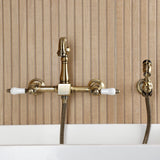 Heritage Double-Handle 3-Hole Wall-Mount Bridge Kitchen Faucet with Brass Sprayer