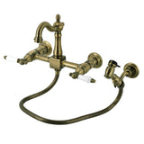 Heritage Double-Handle 3-Hole Wall-Mount Bridge Kitchen Faucet with Brass Sprayer