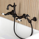 Heritage Double-Handle 3-Hole Wall-Mount Bridge Kitchen Faucet with Brass Sprayer