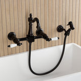 Heritage Double-Handle 3-Hole Wall-Mount Bridge Kitchen Faucet with Brass Sprayer