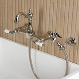 Heritage Double-Handle 3-Hole Wall-Mount Bridge Kitchen Faucet with Brass Sprayer