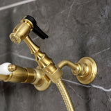 Heritage Double-Handle 3-Hole Wall-Mount Bridge Kitchen Faucet with Brass Sprayer