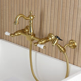 Heritage Double-Handle 3-Hole Wall-Mount Bridge Kitchen Faucet with Brass Sprayer