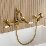 Heritage Double-Handle 3-Hole Wall-Mount Bridge Kitchen Faucet with Brass Sprayer