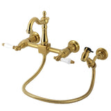 Heritage Double-Handle 3-Hole Wall-Mount Bridge Kitchen Faucet with Brass Sprayer