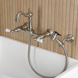 Heritage Double-Handle 3-Hole Wall-Mount Bridge Kitchen Faucet with Brass Sprayer