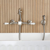 Heritage Double-Handle 3-Hole Wall-Mount Bridge Kitchen Faucet with Brass Sprayer