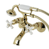 Kingston Three-Handle 2-Hole Tub Wall Mount Clawfoot Tub Faucet with Hand Shower