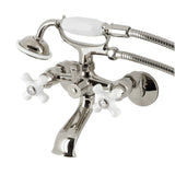 Kingston Three-Handle 2-Hole Tub Wall Mount Clawfoot Tub Faucet with Hand Shower