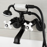 Kingston Three-Handle 2-Hole Wall Mount Clawfoot Tub Faucet with Hand Shower