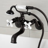 Kingston Three-Handle 2-Hole Wall Mount Clawfoot Tub Faucet with Hand Shower