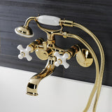 Kingston Three-Handle 2-Hole Wall Mount Clawfoot Tub Faucet with Hand Shower