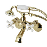 Kingston Three-Handle 2-Hole Wall Mount Clawfoot Tub Faucet with Hand Shower