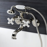 Kingston Three-Handle 2-Hole Wall Mount Clawfoot Tub Faucet with Hand Shower