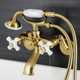 Kingston Three-Handle 2-Hole Wall Mount Clawfoot Tub Faucet with Hand Shower