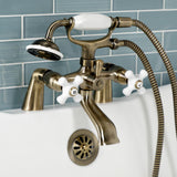 Kingston Three-Handle 2-Hole Deck Mount Clawfoot Tub Faucet with Hand Shower