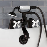 Kingston Three-Handle 2-Hole Deck Mount Clawfoot Tub Faucet with Hand Shower