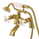 Kingston Three-Handle 2-Hole Deck Mount Clawfoot Tub Faucet with Hand Shower