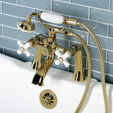 Kingston Three-Handle 2-Hole Deck Mount Clawfoot Tub Faucet with Hand Shower