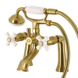 Kingston Three-Handle 2-Hole Deck Mount Clawfoot Tub Faucet with Hand Shower