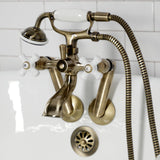 Kingston Three-Handle 2-Hole Tub Wall Mount Clawfoot Tub Faucet with Hand Shower