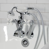 Kingston Three-Handle 2-Hole Tub Wall Mount Clawfoot Tub Faucet with Hand Shower