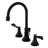 NuFrench Two-Handle 3-Hole Deck Mount Widespread Bathroom Faucet with Brass Pop-Up Drain