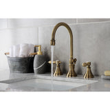 Heirloom Two-Handle 3-Hole Deck Mount Widespread Bathroom Faucet with Brass Pop-Up Drain