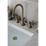 NuFrench Two-Handle 3-Hole Deck Mount Widespread Bathroom Faucet with Brass Pop-Up Drain