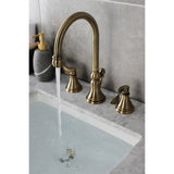 NuFrench Two-Handle 3-Hole Deck Mount Widespread Bathroom Faucet with Brass Pop-Up Drain