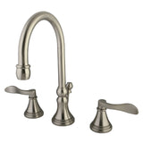 NuFrench Two-Handle 3-Hole Deck Mount Widespread Bathroom Faucet with Brass Pop-Up Drain