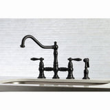 Restoration Two-Handle 4-Hole Deck Mount Bridge Kitchen Faucet with Brass Side Sprayer