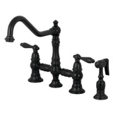 Restoration Two-Handle 4-Hole Deck Mount Bridge Kitchen Faucet with Brass Side Sprayer