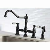 Restoration Two-Handle 4-Hole Deck Mount Bridge Kitchen Faucet with Brass Side Sprayer