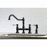 Restoration Two-Handle 4-Hole Deck Mount Bridge Kitchen Faucet with Brass Side Sprayer